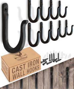 Railroad Spike Cast Iron Hooks (10 Pack) Handmade Blacksmith. Wall Mounted Farmhouse Decorative Hooks. PowderCoated for Interior or Exterior Use. Rust Proof for Hanging Coats. Bags or Pots (Black)